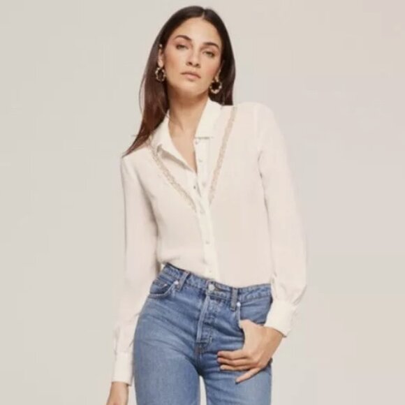 Reformation Paulina Cream Lace Sheer Collar Button Front Shirt - Picture 1 of 13